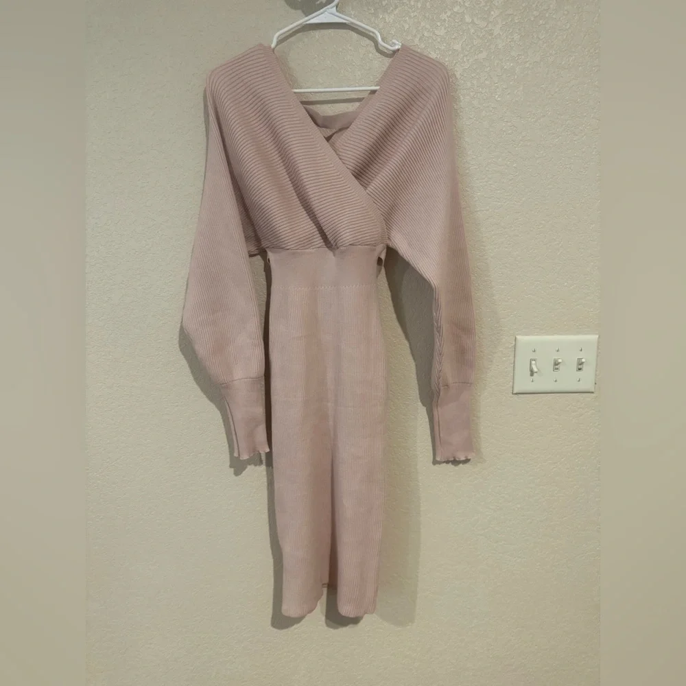 NWOT Blush Pink Sweater Dress Women’s Small Off Shoulder Wrap Style Ribbed Knit - Picture 2 of 4